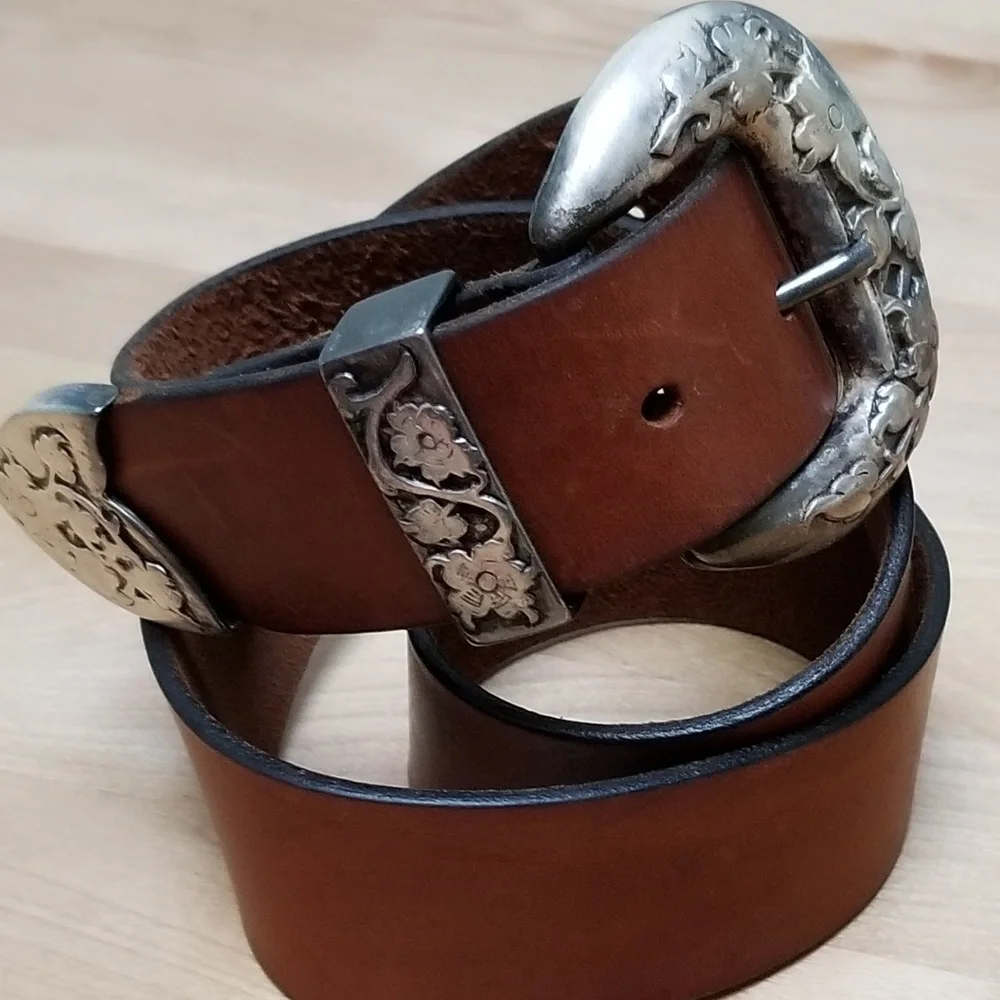 Brown Leather Western Belt with Silver Floral Buckle - Picture 1 of 5